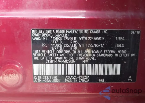 2019 Toyota Rav4 Le z USA, uszkodzony, nr VIN 2T3H1RFV4KW022007